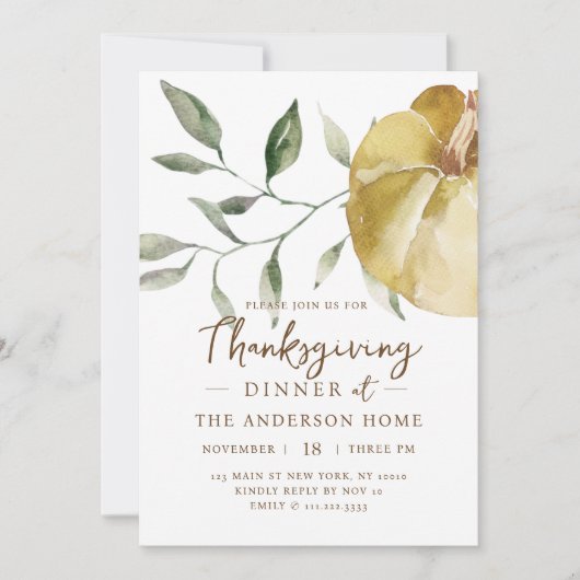 Modern Waterverf pompoen Thanksgiving diner Kaart (Voorkant)