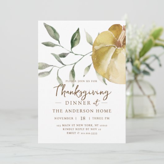 Modern Waterverf pompoen Thanksgiving diner Kaart (Staand voorkant)