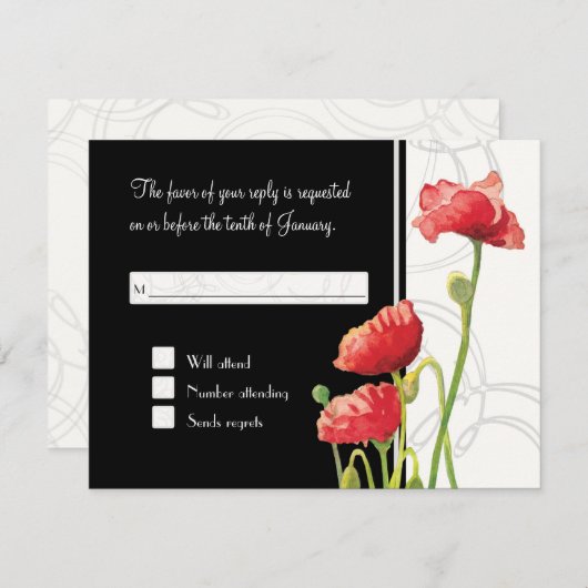 Modern Waterverf Rood Klaproos Swirls Zwart RSVP Kaartje (Voorkant / Achterkant)