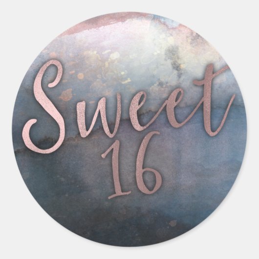 Modern Waterverf Roos Gold & Blue Sweet 16 Party Ronde Sticker (Voorkant)