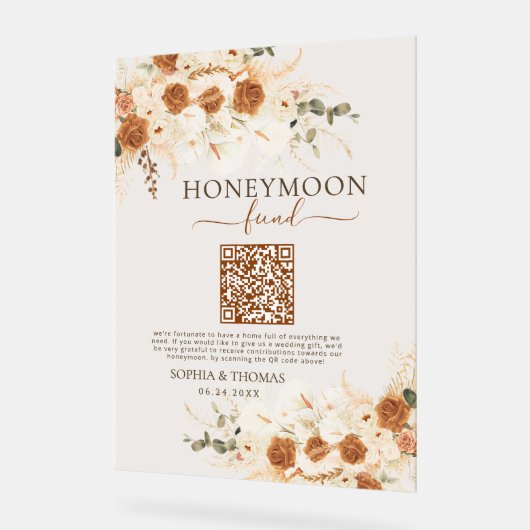 Modern Waterverf Roos QR Code Honeymoon Fund Acryl Bord (Hoek)