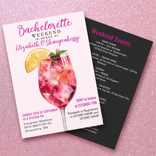 Modern Waterverf Roze Drink Bachelorette Weekend Kaart