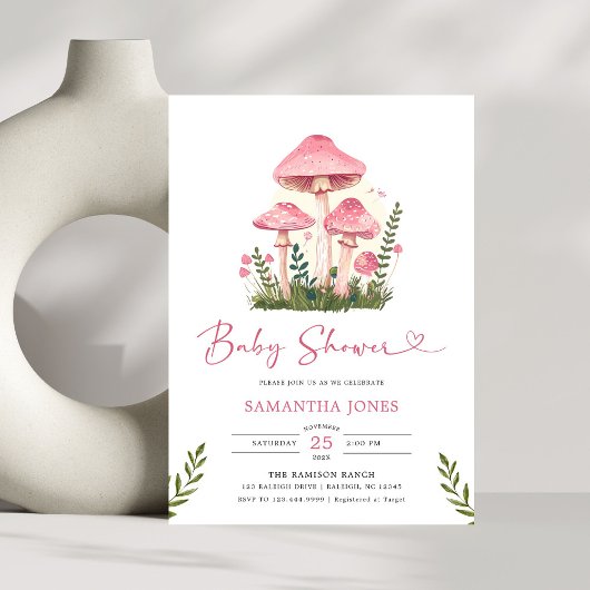 Modern Waterverf Roze Paddenstoel Baby shower Kaart