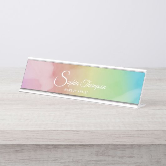 Modern Waterverf Script Rainbow Pastel Naam Bord Bureau Naambordje (Voorkant)