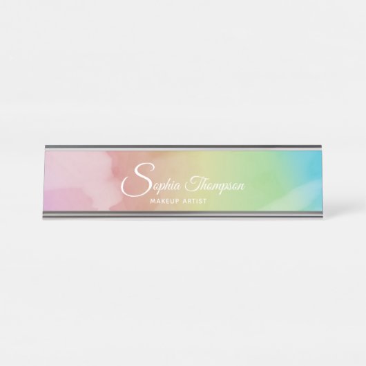 Modern Waterverf Script Rainbow Pastel Naam Bord Bureau Naambordje (Voorkant)