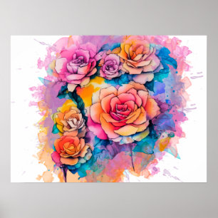 Modern waterverf verfklodders Rozen Boeket Poster