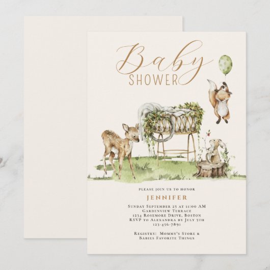 Modern Waterverf Woodland Animals Baby shower Kaart (Voorkant / Achterkant)