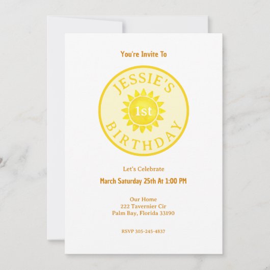 Modern Waterverf Zonneschijn 1e Verjaardagsuitnodi Kaart (Voorkant)