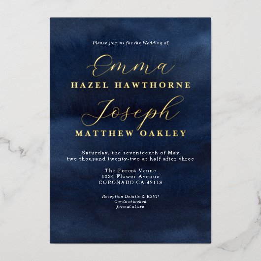 Modern Wave abstract gouden middernacht blauwe bru Folie Uitnodiging (Voorkant)