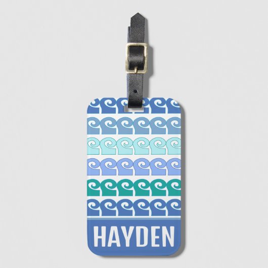 Modern Waves Pattern in Blues Gepersonaliseerd Bagagelabel (Voorkant (verticaal))
