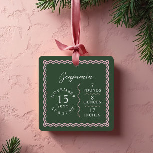 Modern Wavy Baby-naamscript Geboortestatistieken F Metalen Ornament