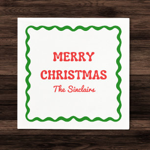 Modern Wavy Border Rood & Groen Kerstfeest Servet