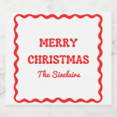 Modern Wavy Border Trendy Red Christmas Party Sparkling Wijnetiket (Enkel label)