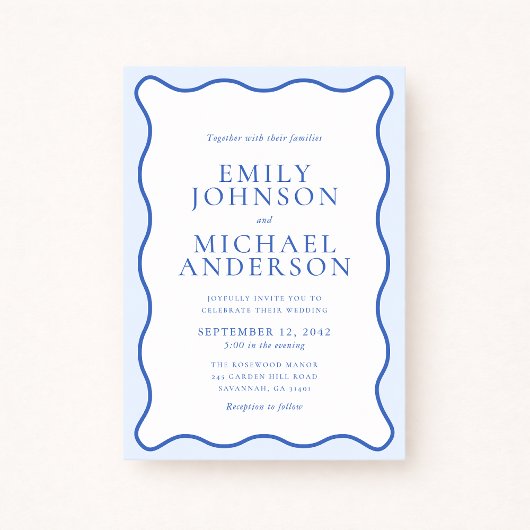 Modern Wavy Dual Blue Wedding Invitation Kaart