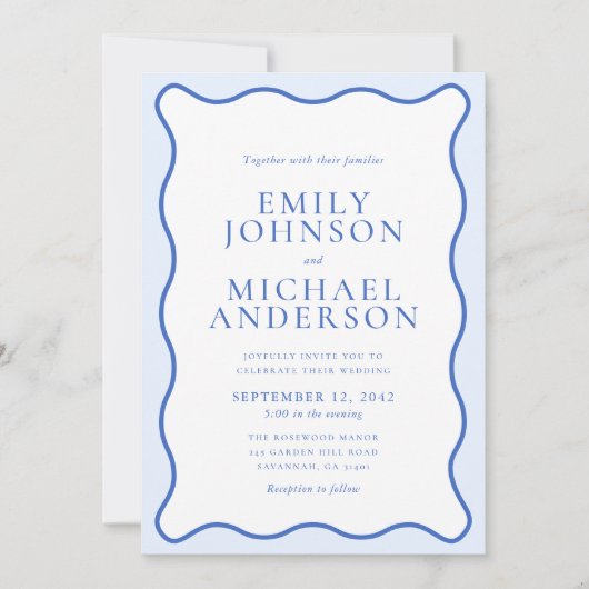 Modern Wavy Dual Blue Wedding Invitation Kaart (Voorkant)