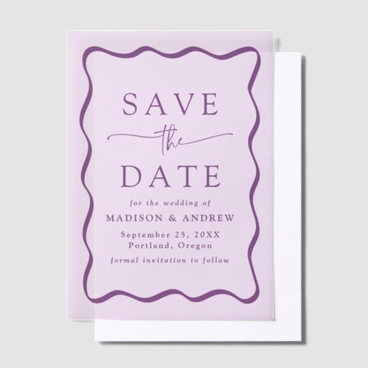 Modern Wavy Paarse Lijst bruiloft Save the Date Vellum Uitnodigingen (Offset)