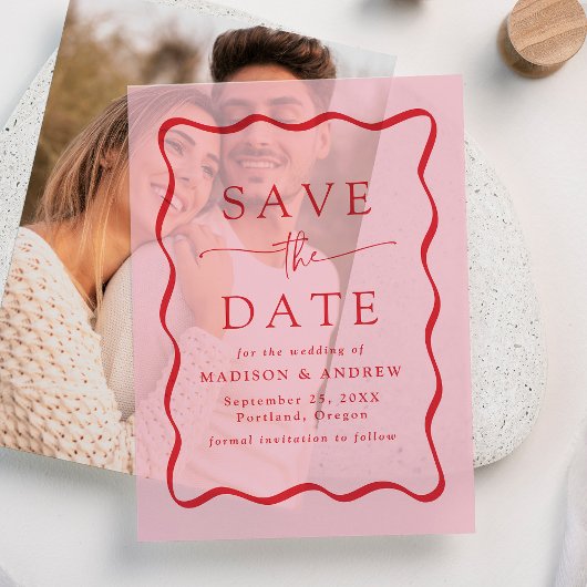 Modern Wavy Red Lijst Wedding Save the Date Vellum Uitnodigingen