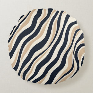 Modern Wavy Stripe Neutraal Beige & Houtskool Rond Kussen