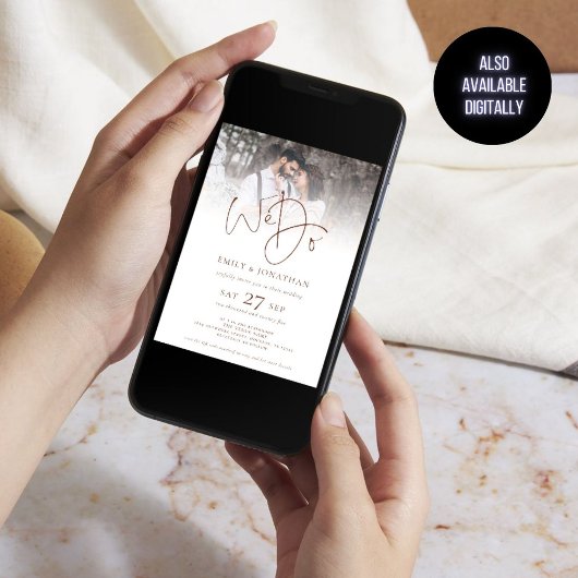 Modern We doen bruine tekst QR-code foto bruiloft Kaart