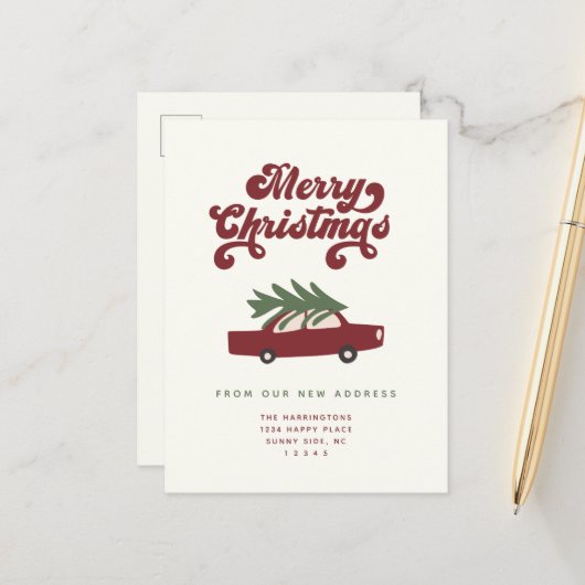 Modern we hebben de rode kerstboomauto verplaatst aankondigingskaart (Voorkant / Achterkant in situ)