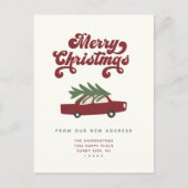 Modern we hebben de rode kerstboomauto verplaatst aankondigingskaart (Voorkant)