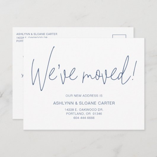 Modern we hebben New Home Dusty Blue verplaatst Aankondigingskaart (Voorkant / Achterkant)