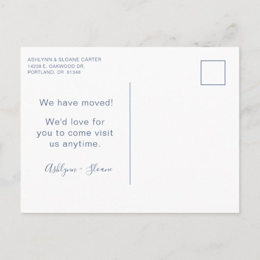 Modern we hebben New Home Dusty Blue verplaatst Aankondigingskaart (Achterkant)