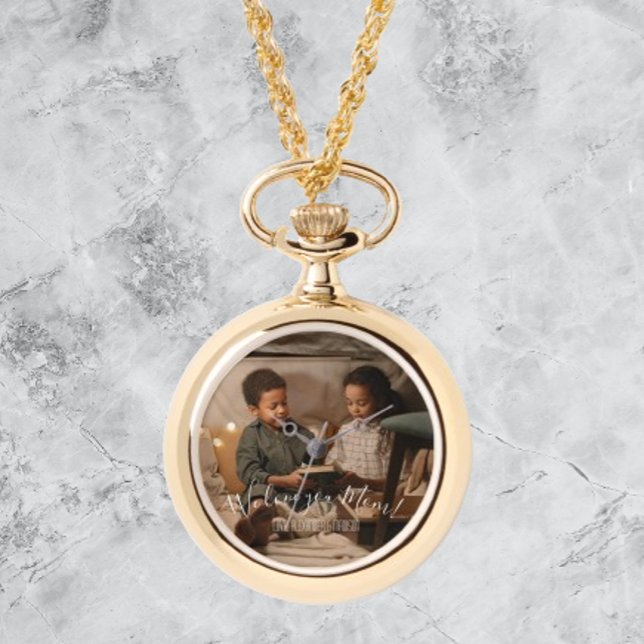 Modern we houden van je mam foto horloge (Modern We Love You Mom Photo Pocket Watch)