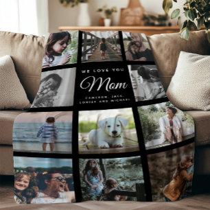 Modern WE LOVE YOU MOM Familie Fotocollage Zwart Fleece Deken