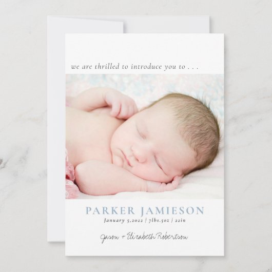 Modern we zijn 'Baby Boy' Foto Blue Birth Aankondiging (Voorkant)