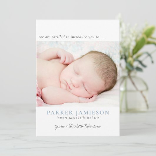 Modern we zijn 'Baby Boy' Foto Blue Birth Aankondiging (Staand voorkant)