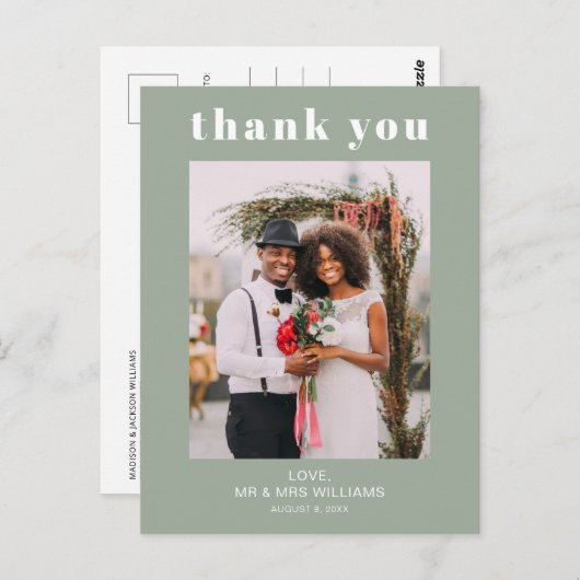 Modern Weddenschap Foto: Bedankt Sage Green Briefkaart (Voorkant / Achterkant)