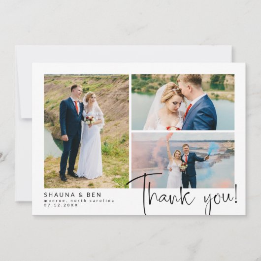 Modern Wedding 3 Foto Collage Dank je Bedankkaart (Voorkant)
