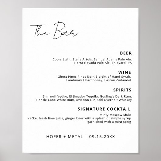 Modern Wedding Bar Menu Signature Drink Cocktail Poster (Voorkant)