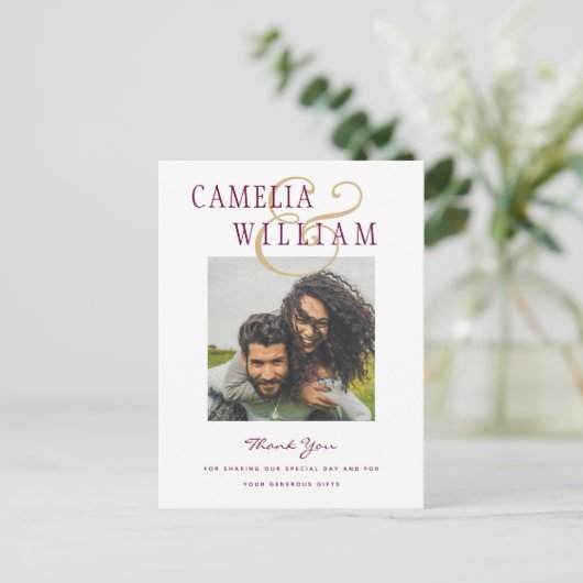 Modern Wedding Berry Wine Gold DANK JE FOTO Briefkaart (Staand voorkant)