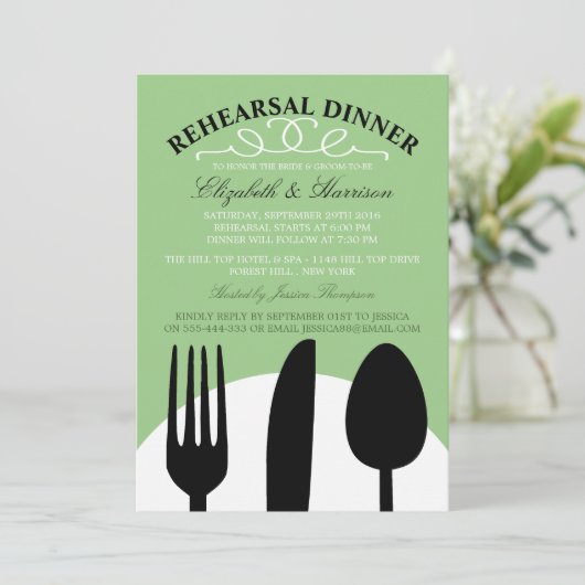 Modern Wedding Black Cutlery Rehearsal Dinner Kaart (Staand voorkant)