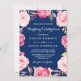 Modern Wedding Celebration Floral Wreath Navy Blue Kaart