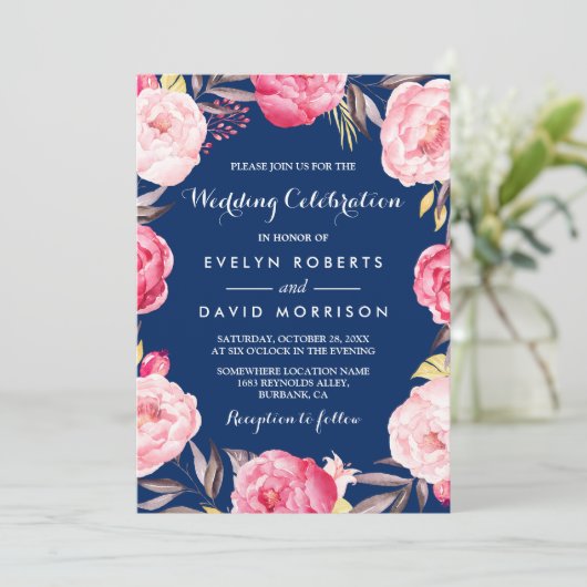 Modern Wedding Celebration Floral Wreath Navy Blue Kaart (Staand voorkant)