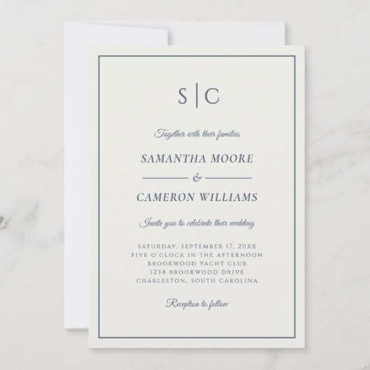 Modern Wedding Classic Monogram Crème & Marine Bla Kaart (Voorkant)