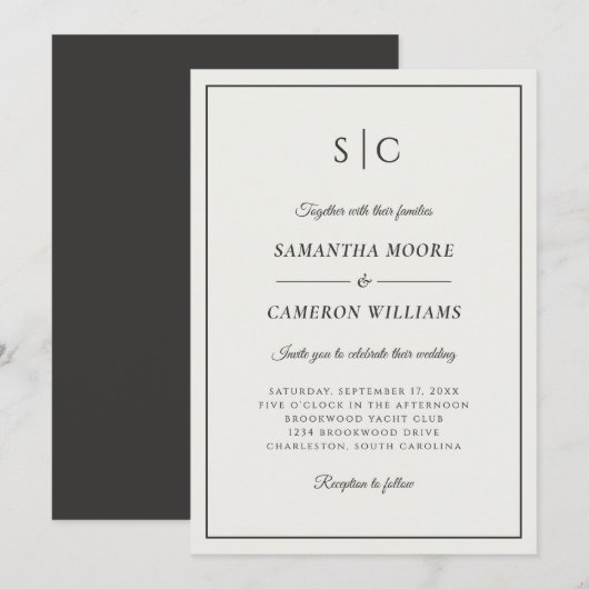 Modern Wedding Classic Monogram Crème & Zwart Kaart (Voorkant / Achterkant)