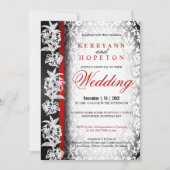Modern Wedding Damask in White, Black and Red Invi Kaart (Voorkant)