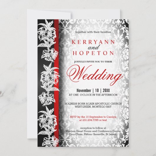 Modern Wedding Damask in White, Black and Red Invi Kaart (Voorkant)