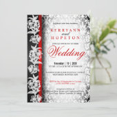 Modern Wedding Damask in White, Black and Red Invi Kaart (Staand voorkant)