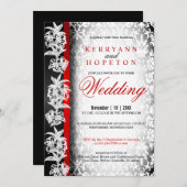 Modern Wedding Damask in White, Black and Red Invi Kaart (Voorkant / Achterkant)
