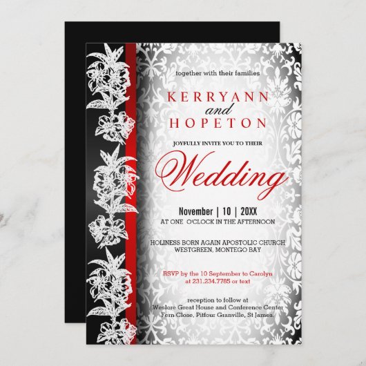 Modern Wedding Damask in White, Black and Red Invi Kaart (Voorkant / Achterkant)