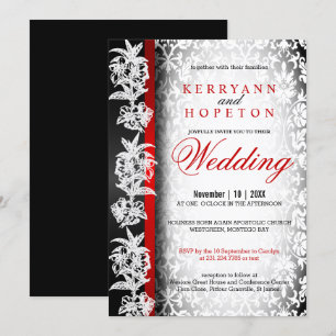 Modern Wedding Damask in White, Black and Red Invi Kaart