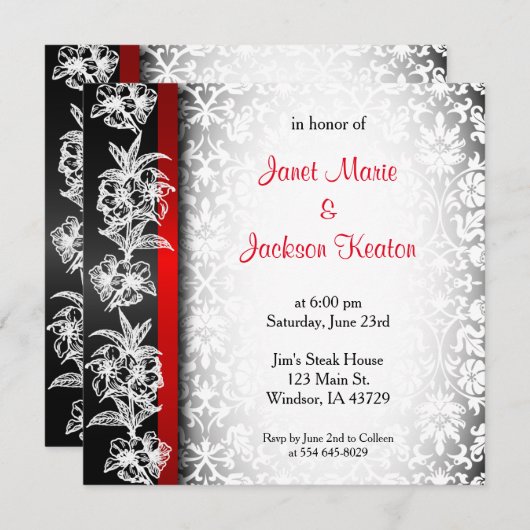 Modern Wedding Damask in White, Black and Red Kaart (Voorkant / Achterkant)