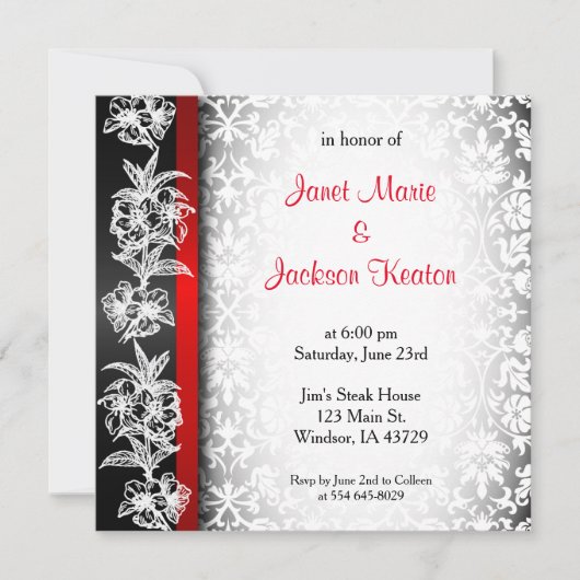 Modern Wedding Damask in White, Black and Red Kaart (Voorkant)