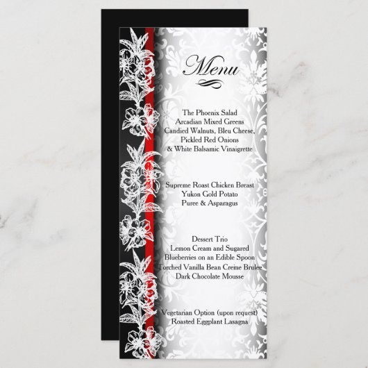 Modern Wedding Damask in White, Black and Red Menu (Voorkant / Achterkant)