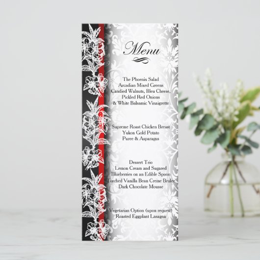 Modern Wedding Damask in White, Black and Red Menu (Staand voorkant)